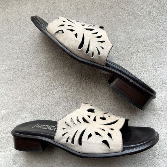 Aquatalia By Marvin K Taupe Nubuck Leather Slide Flat Sandal Women 6.5 Laser Cut - Picture 16 of 16